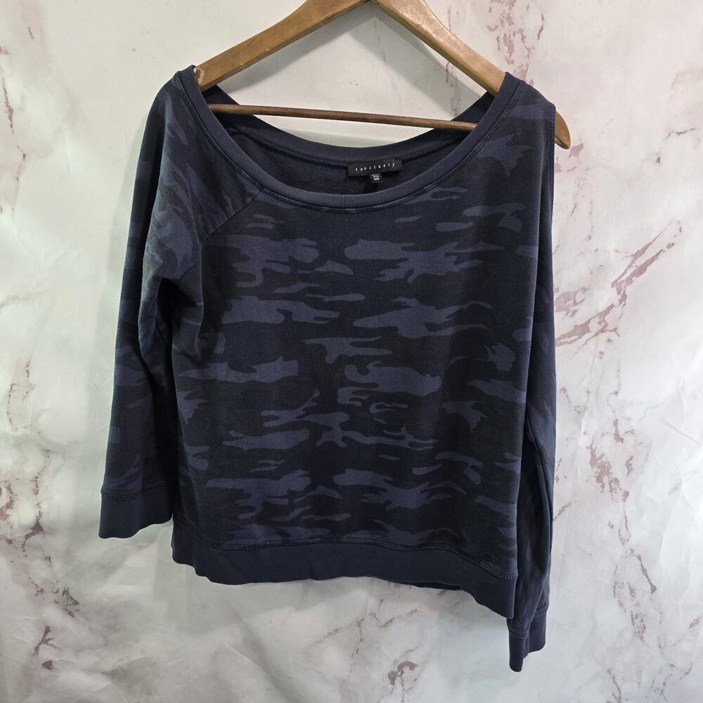 Anthropologie Sweatshirt Womens Medium P Camo Blue Black Boxy Cut Out Shoulder